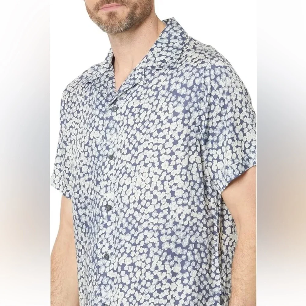 John Varvatos Danny Short Sleeve Camp Collar Shirt Officer Blue XL BRAND NEW